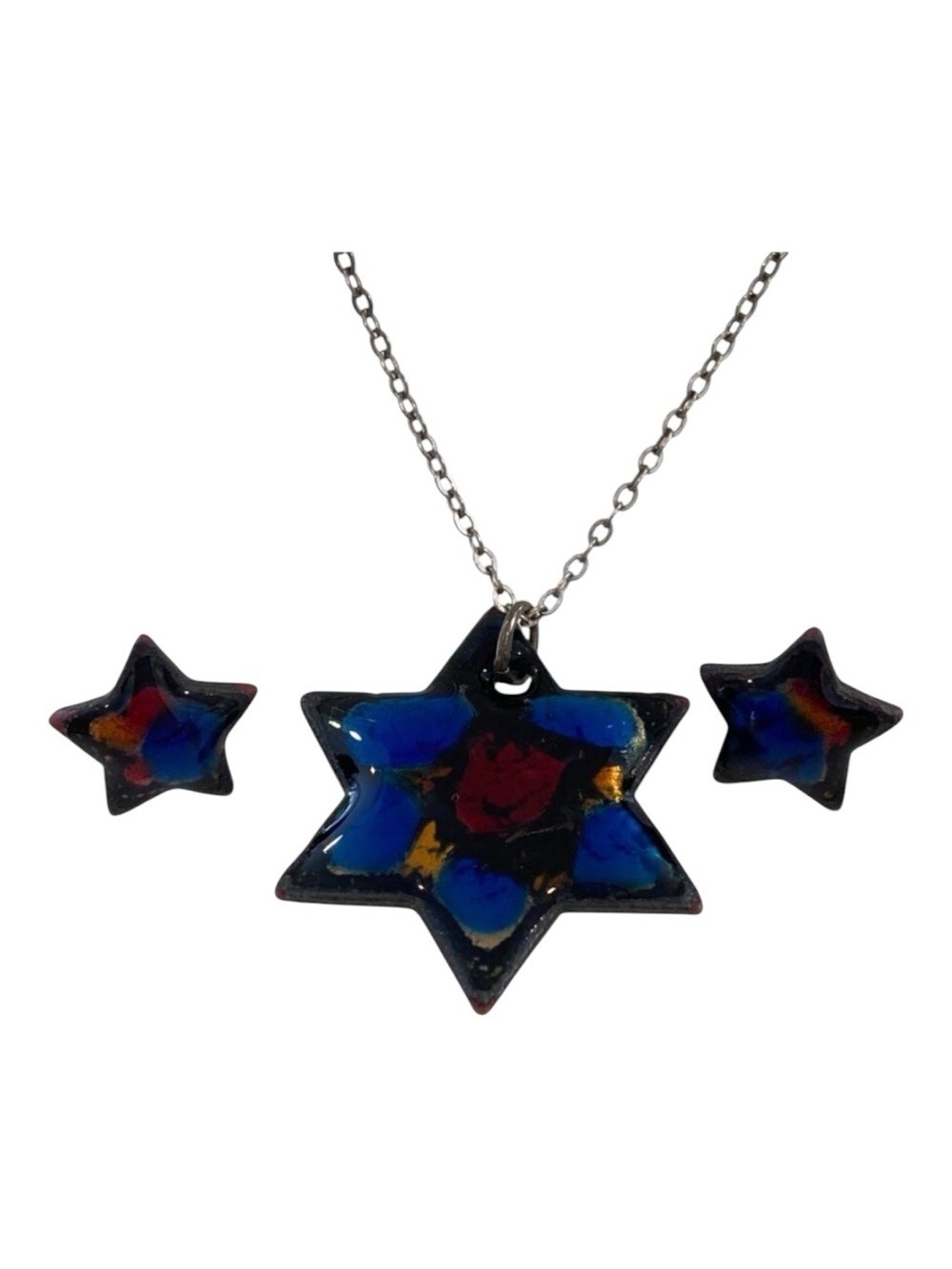 Vintage Ecco Sterling Star-Shaped Enamel Pendant Necklace & Earrings Set With Ha